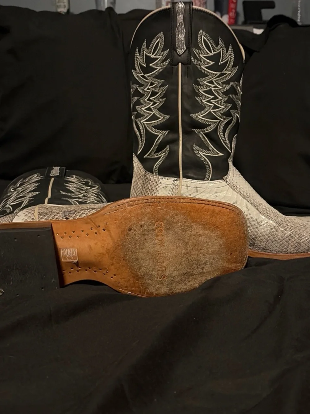 Men's Black Shaft Exotic White Snakeskin Western Boots
